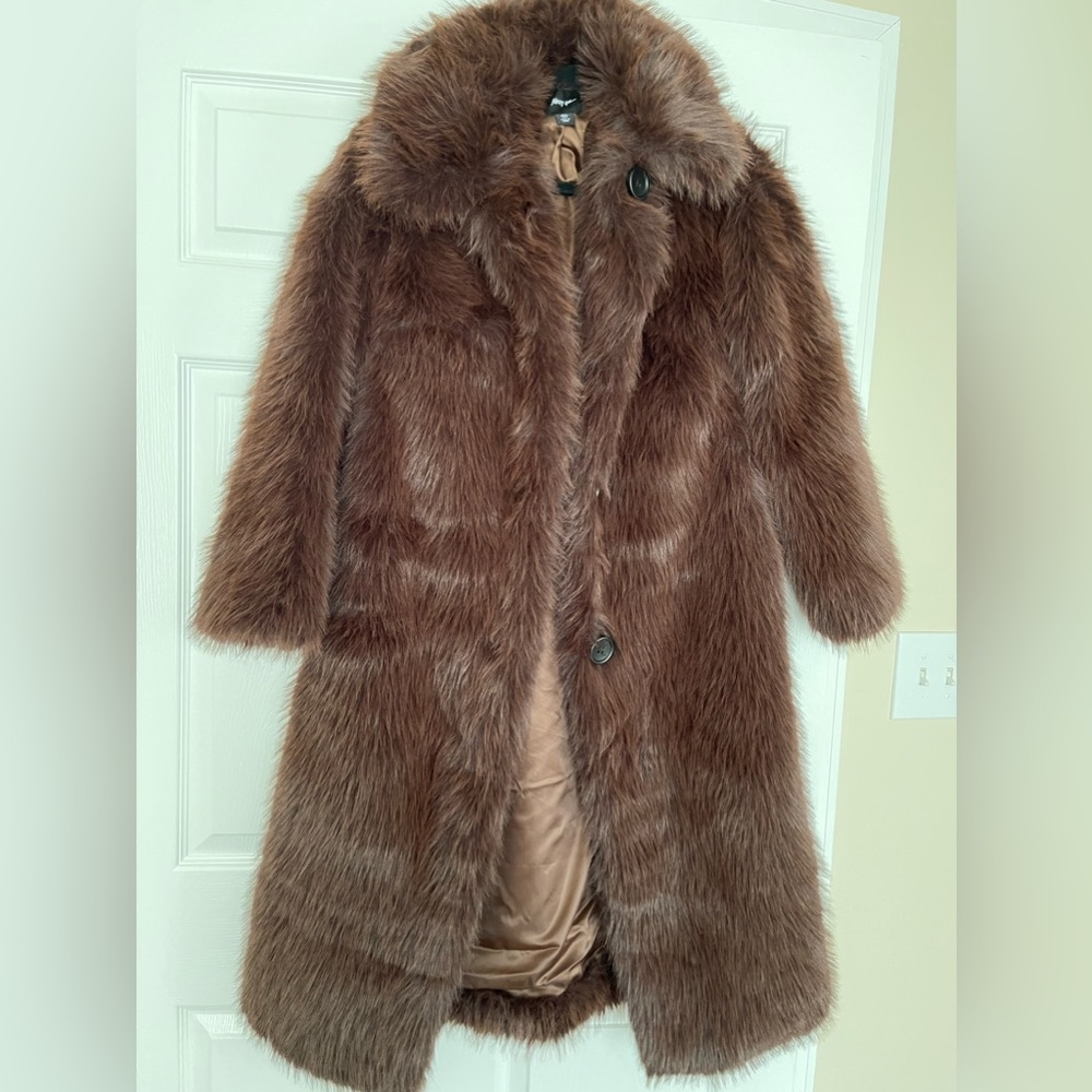 NastyGal brown long fur coat